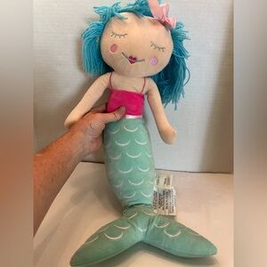 Aqua Mermaid Plush Toy with Pink Top Yarn Hair Embroidered Face Pillow Doll